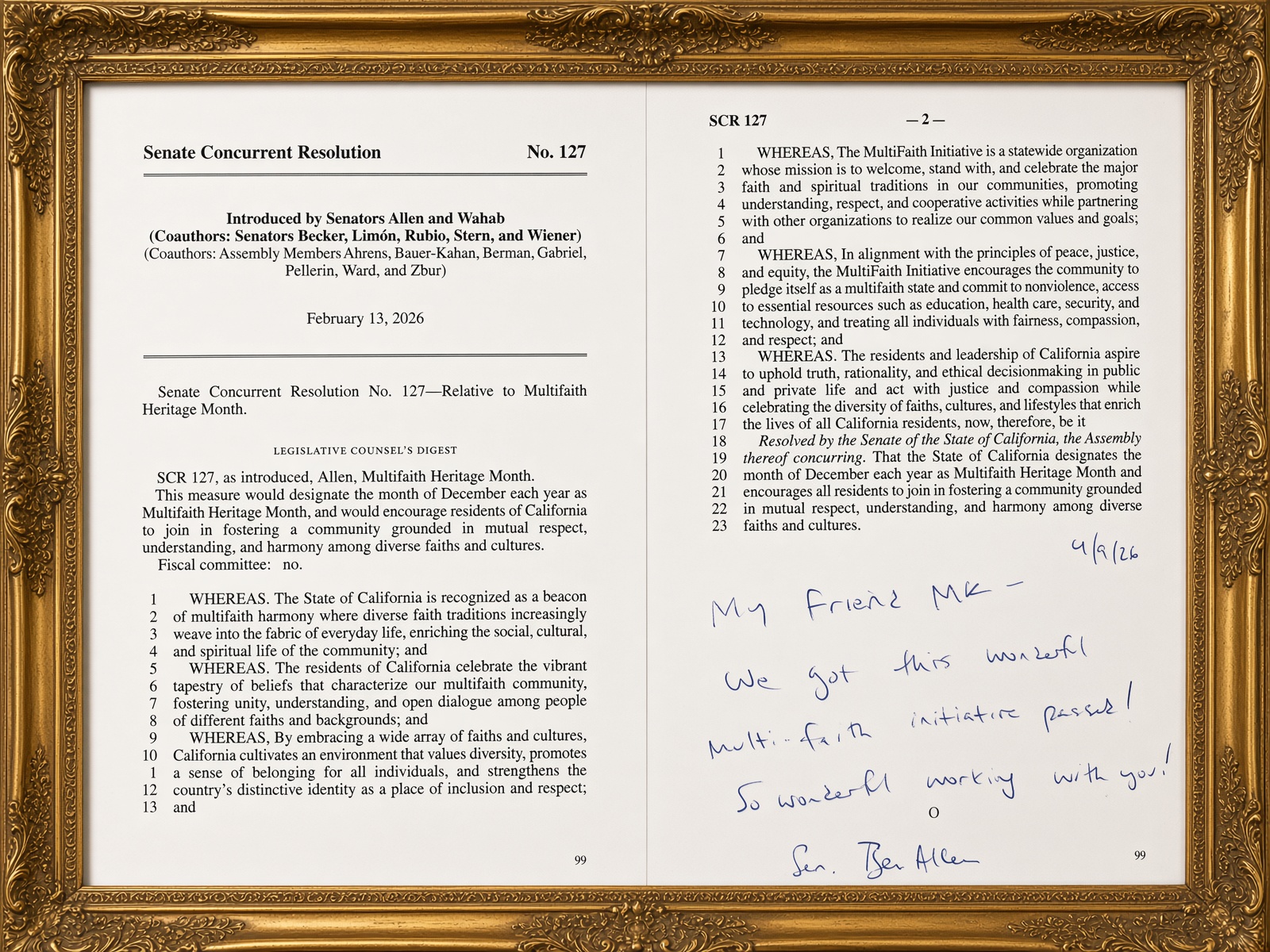 California Senate Concurrent Resolution 127 recognizing MultiFaith Heritage Month
